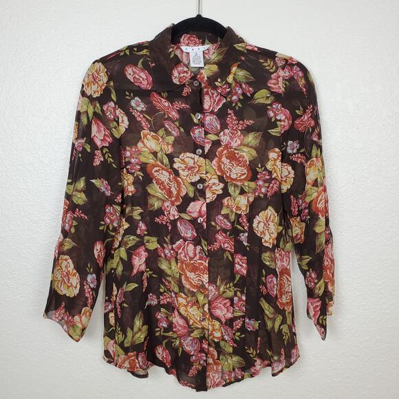 Vintage Cabi Top Womens Small Silk Floral Button Front Velvet Trim Sheer 400 - Picture 1 of 10